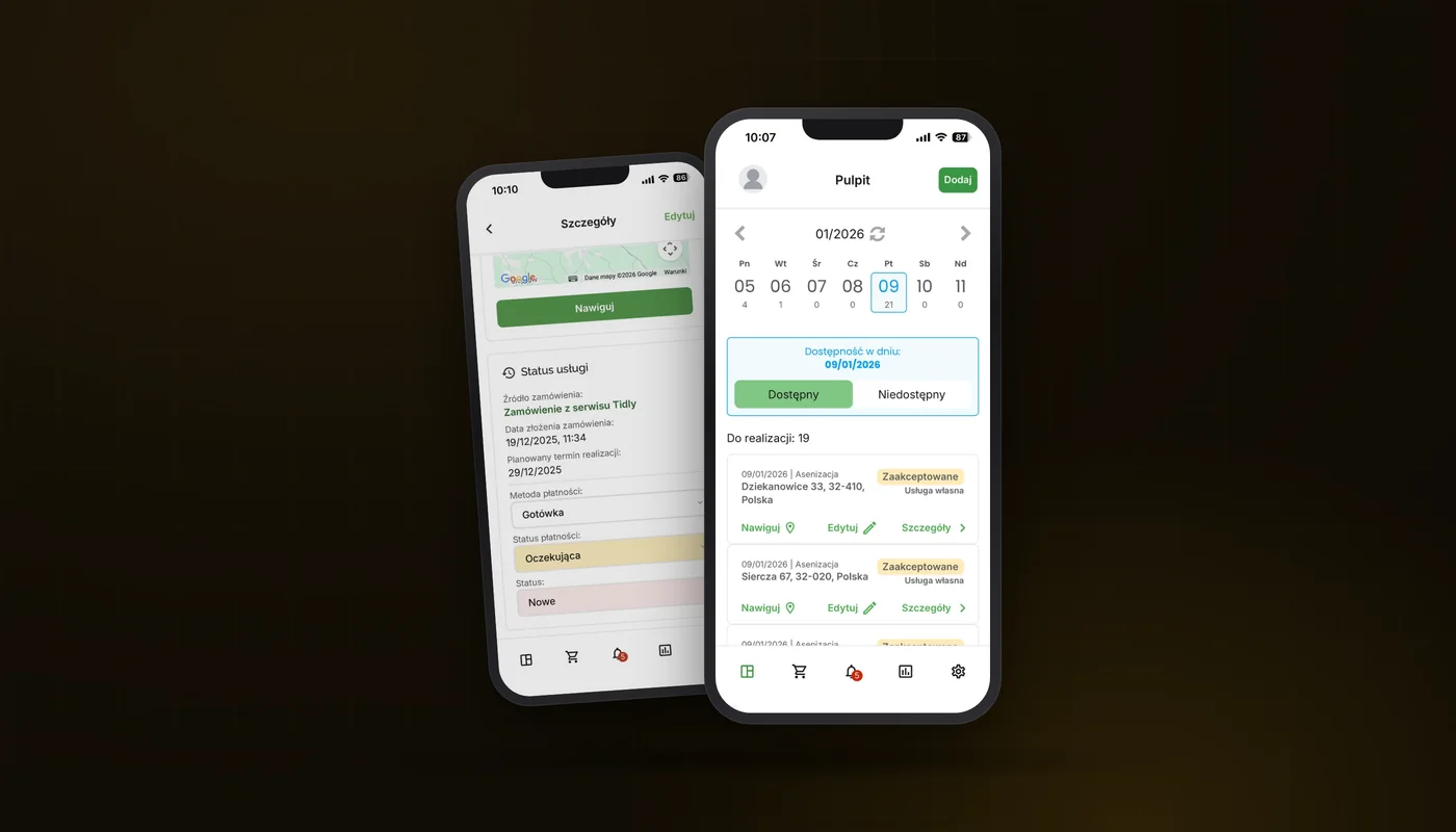 Tidly driver app on two phones: the dashboard with today's job list and the status and payment screen