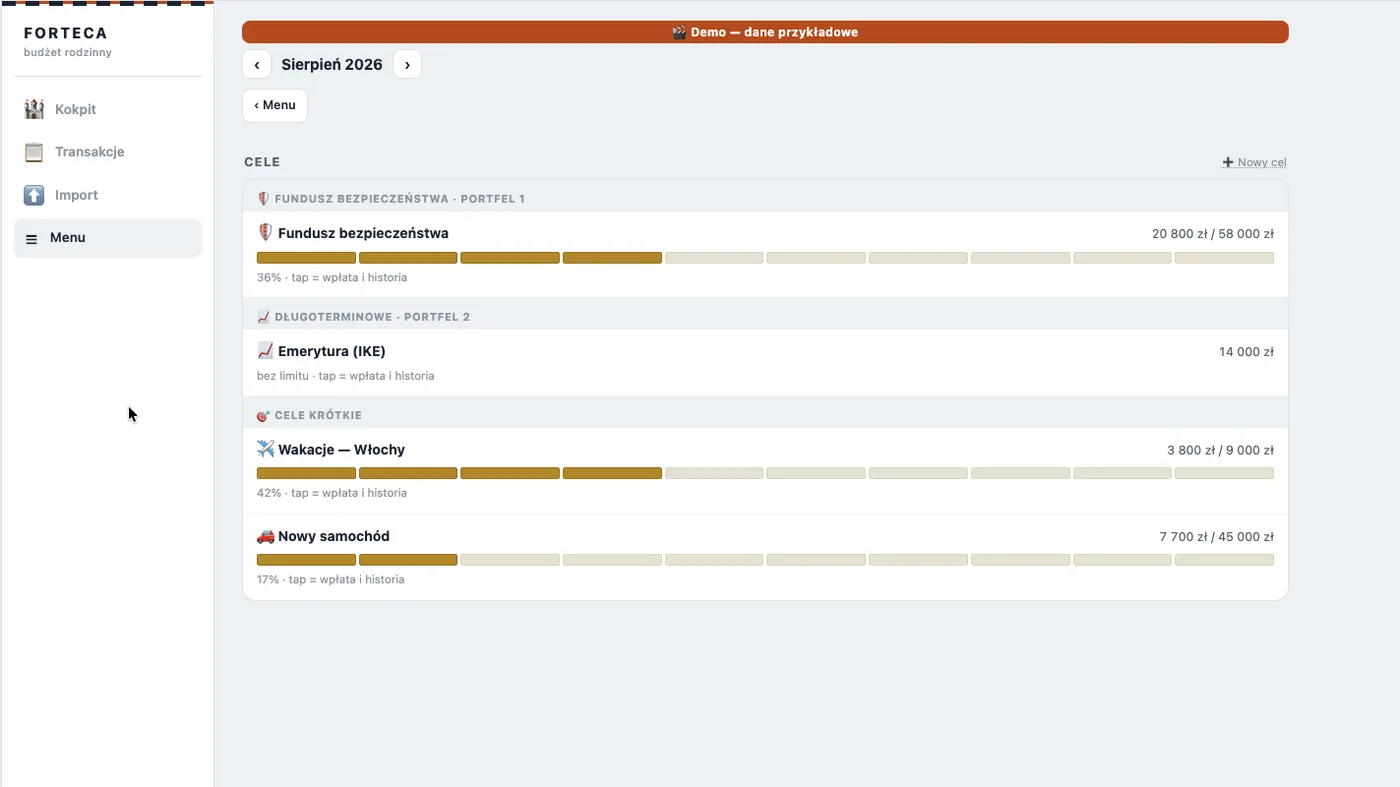 The goals screen in Fortress: the safety fund, the retirement portfolio and short-term goals with progress bars
