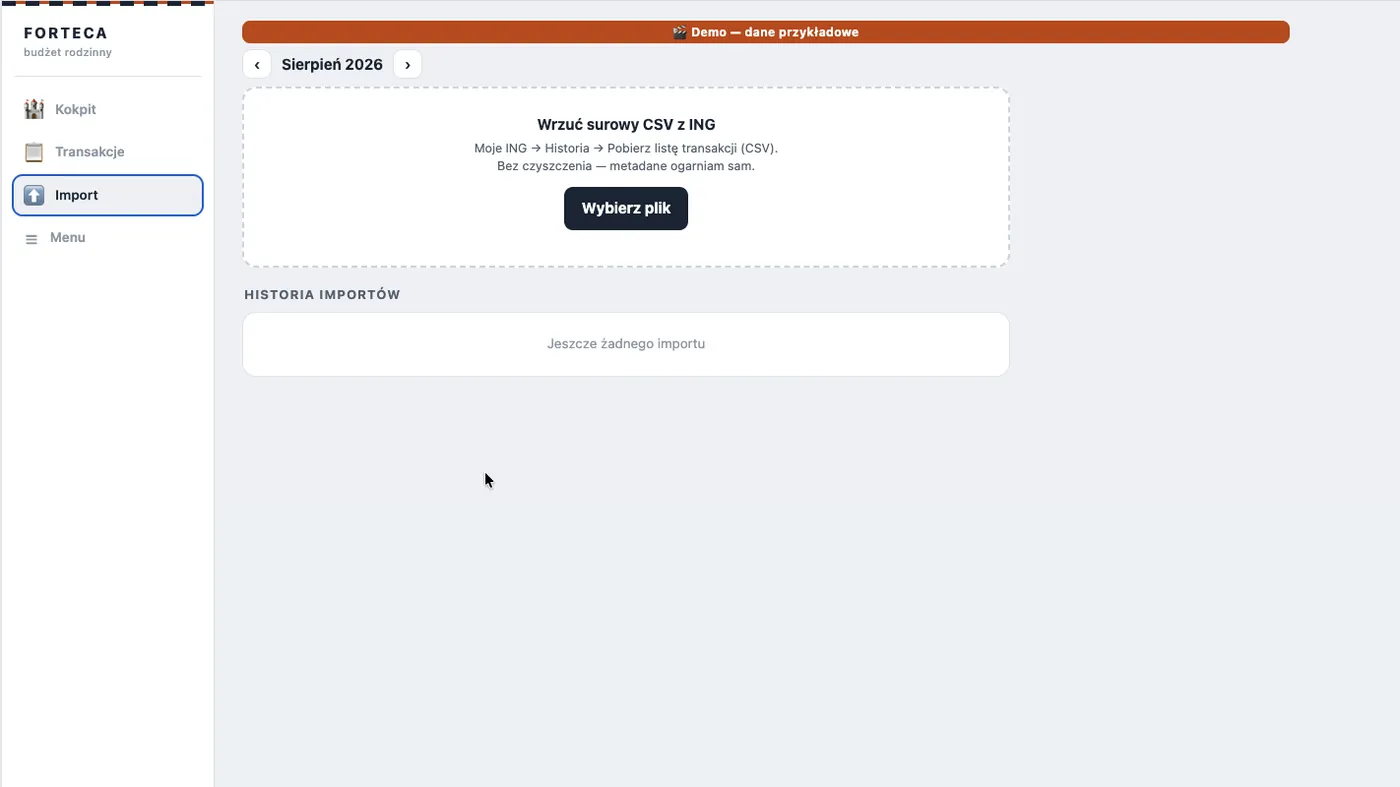 The import screen in Fortress: the upload field for the raw bank CSV file and the import history