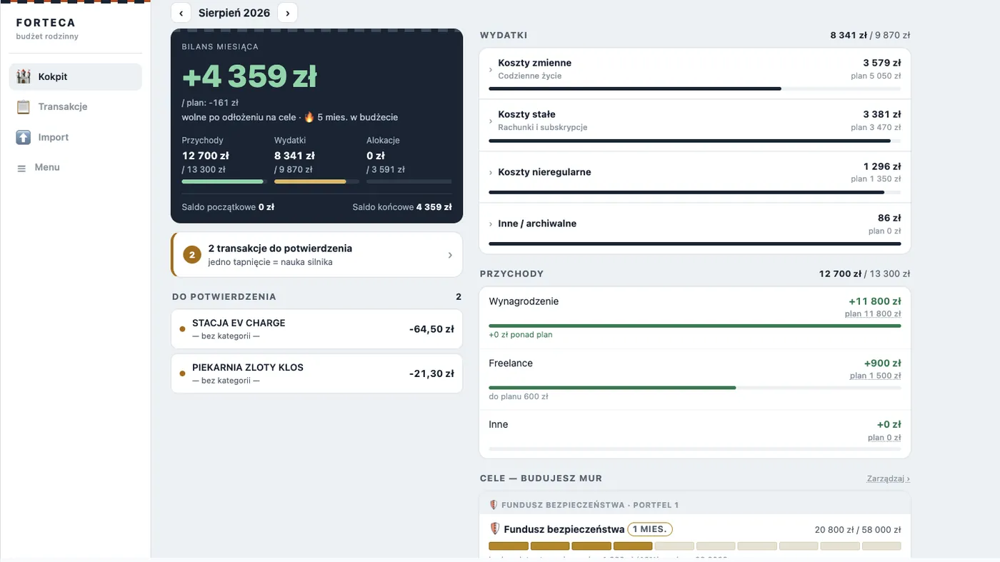 The Fortress dashboard on a desktop screen: monthly balance, plan versus actuals and long-term goals