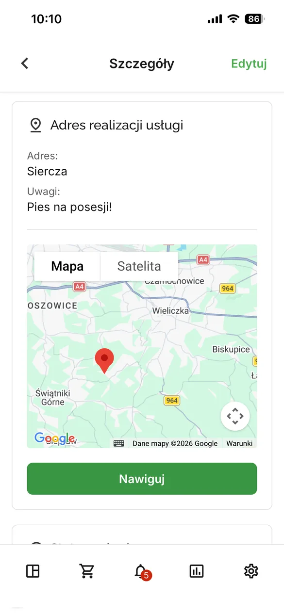 Service address in the Tidly driver app: approach notes, map and a button launching navigation