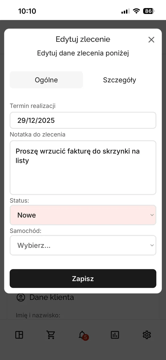 Editing a job in the Tidly driver app: date, note, status and assigned truck