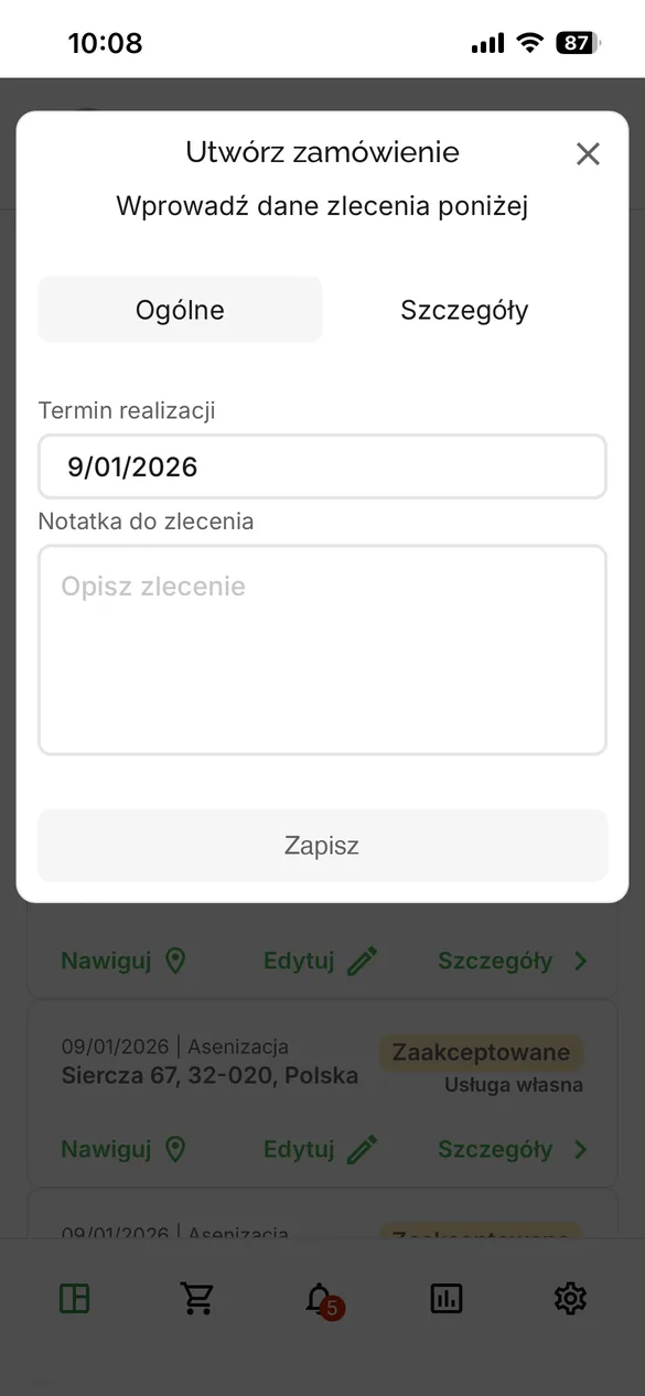 Creating a job in the Tidly driver app, step one: service date and a note