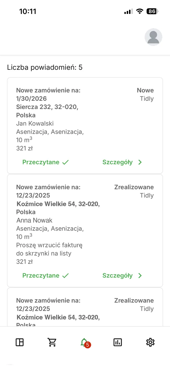 Notification list in the Tidly driver app with new jobs and a mark as read action