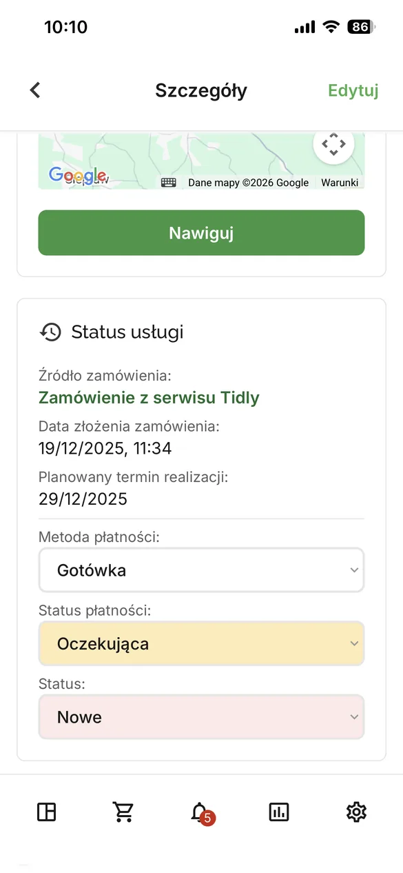 Service status in the Tidly driver app: order source, payment method, payment status and completion status