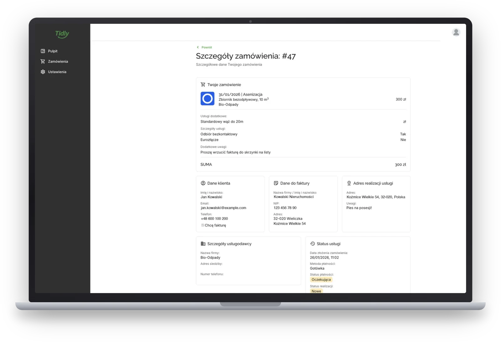 Tidly customer panel on a laptop: order details with billing data, service address and payment status
