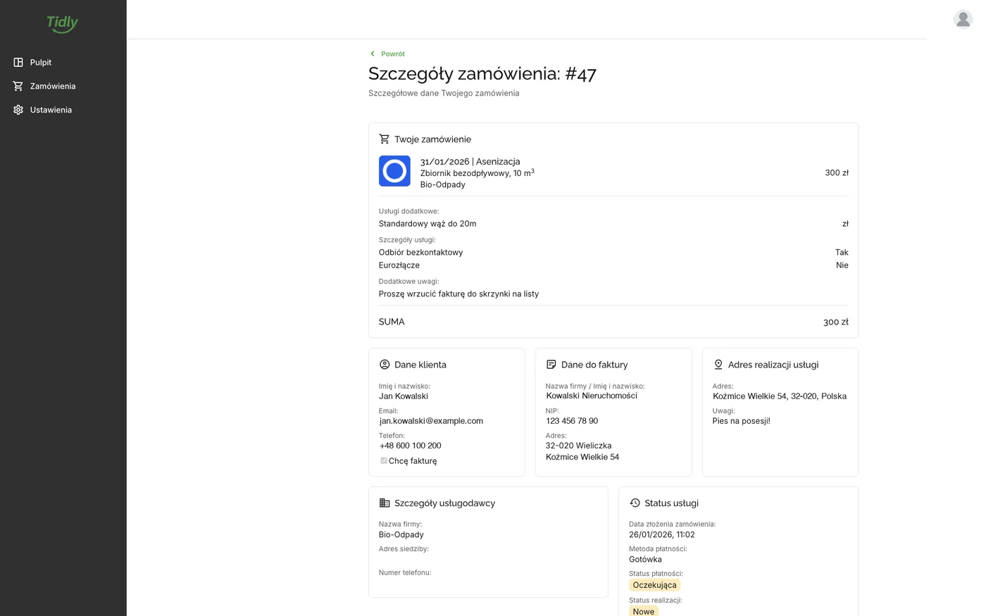 Order details in the Tidly customer panel: service, customer data, billing data, service address, company details and service status