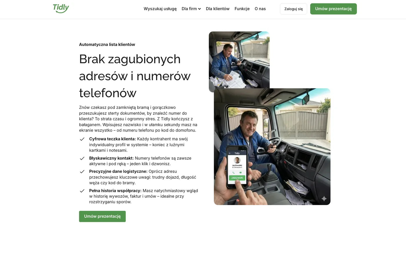 The section about lost addresses and phone numbers on the Tidly website: the digital customer file, logistics details and cooperation history