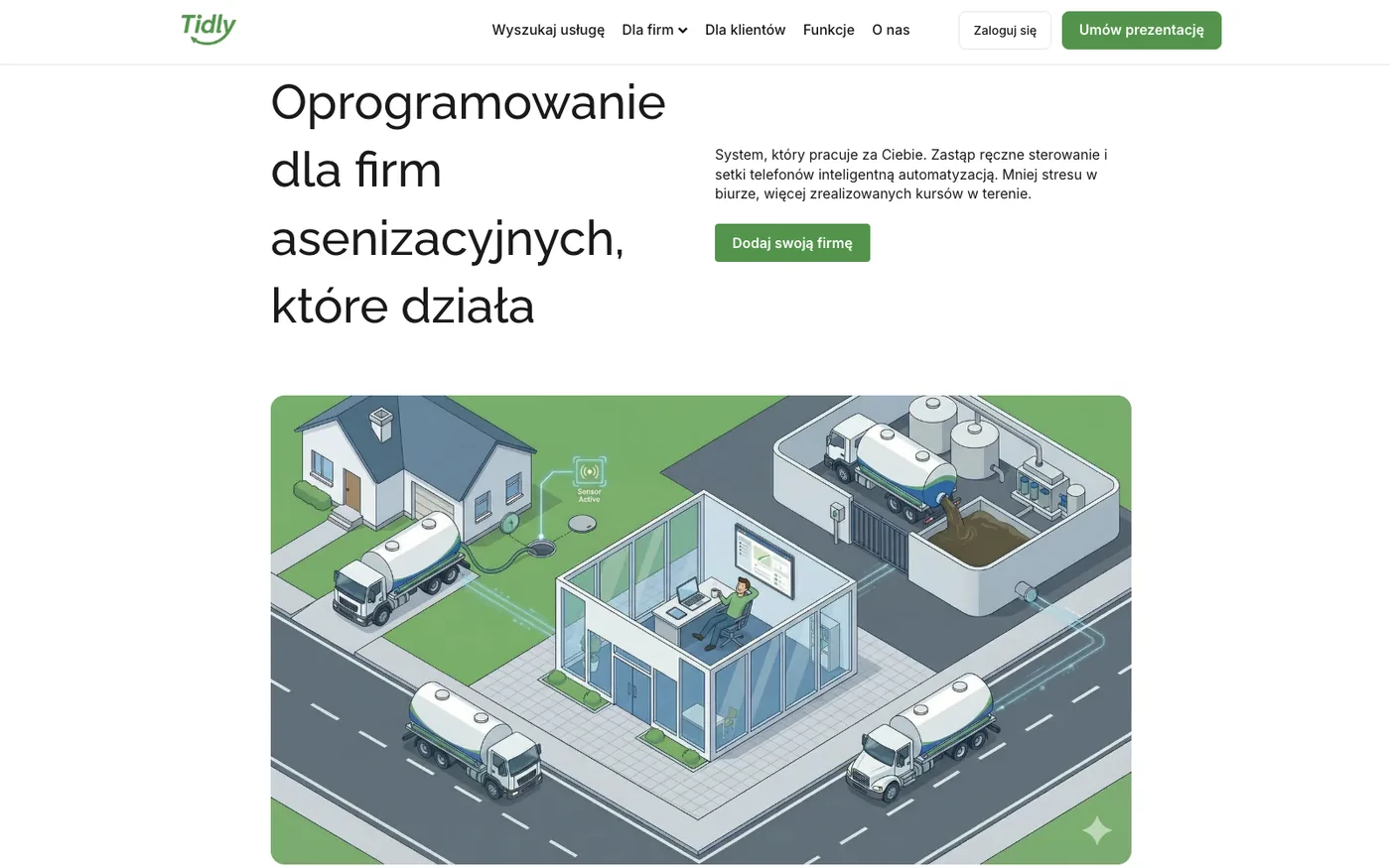 Tidly subpage for large waste collection companies: a headline about a system that works for you and an isometric visual with an office, a fleet and a treatment plant