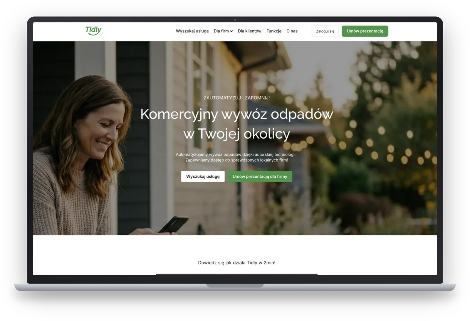 Tidly home page on a laptop: hero with a headline about commercial waste collection and two separate calls to action, one for customers and one for companies