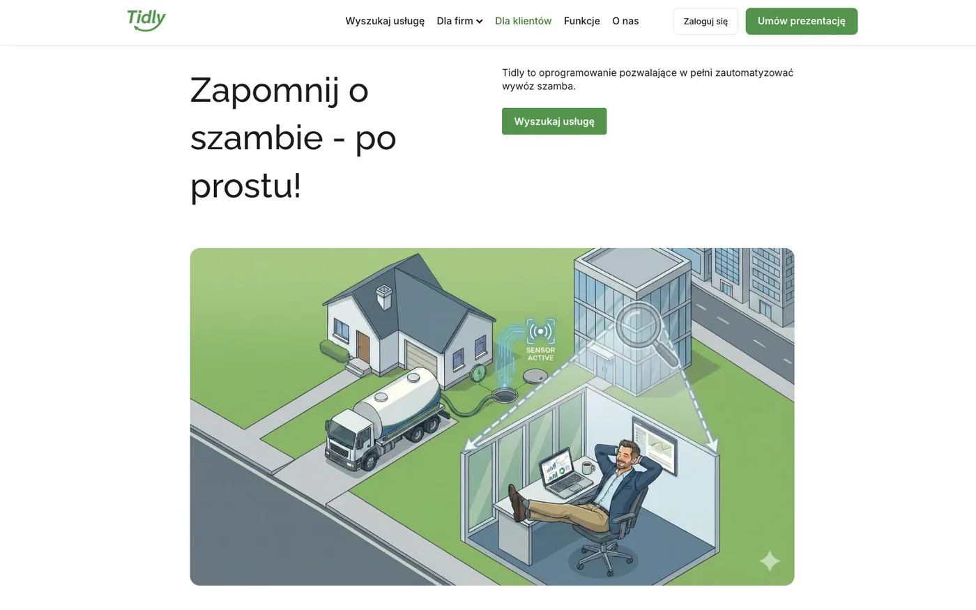 Tidly subpage for customers: a headline about forgetting the septic tank and an isometric visual with a house, a sensor and a relaxed owner