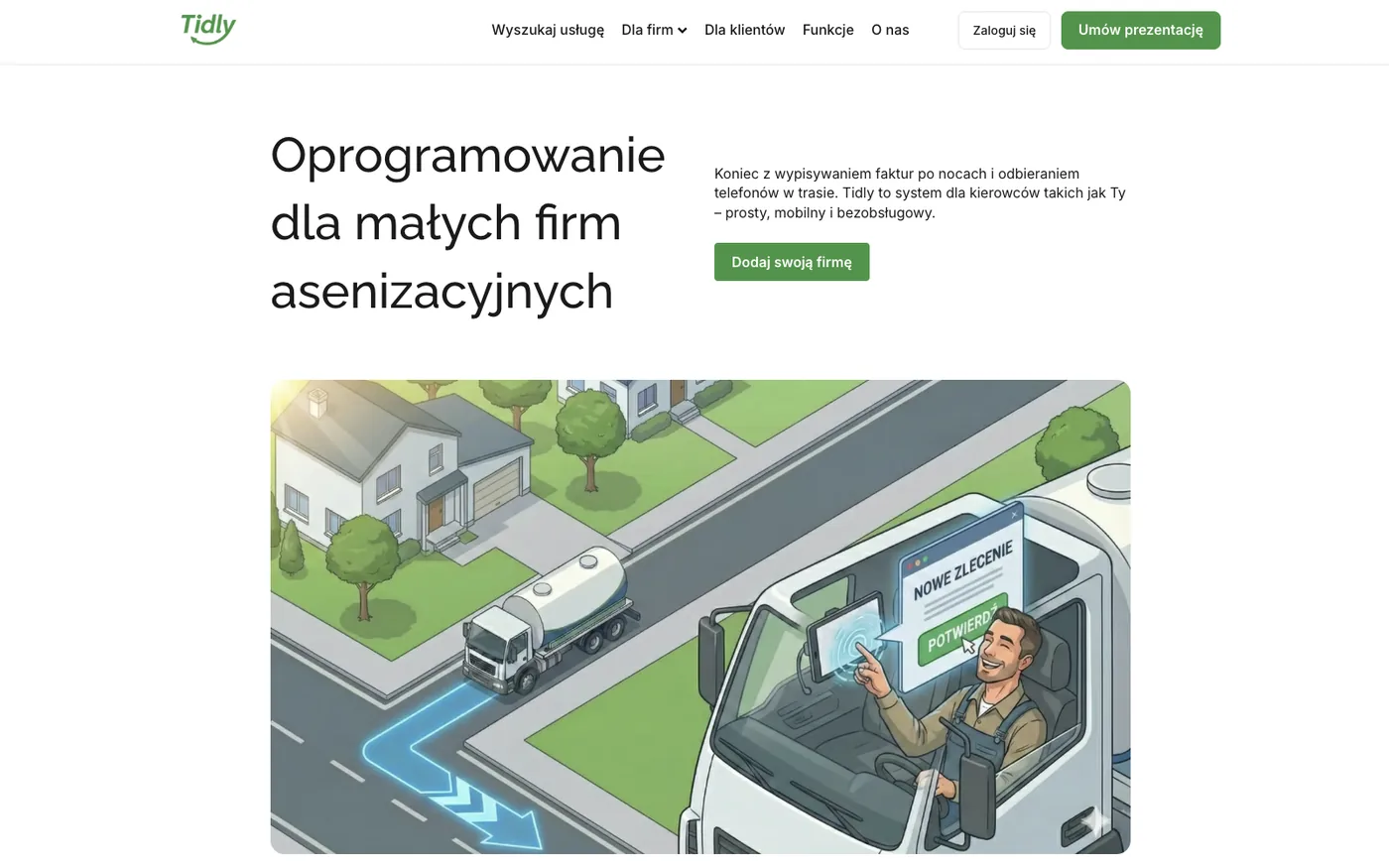 Tidly subpage for small waste collection companies: a headline about software for drivers and an isometric visual of a driver confirming a job from the cab