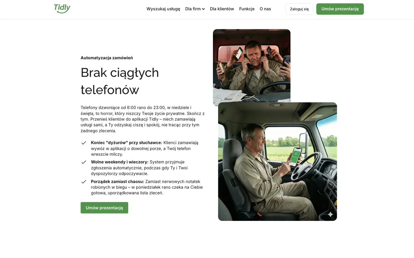 The section about constant phone calls on the Tidly website: text about calls from 6:00 to 23:00 and two photographs of a driver before and after the system