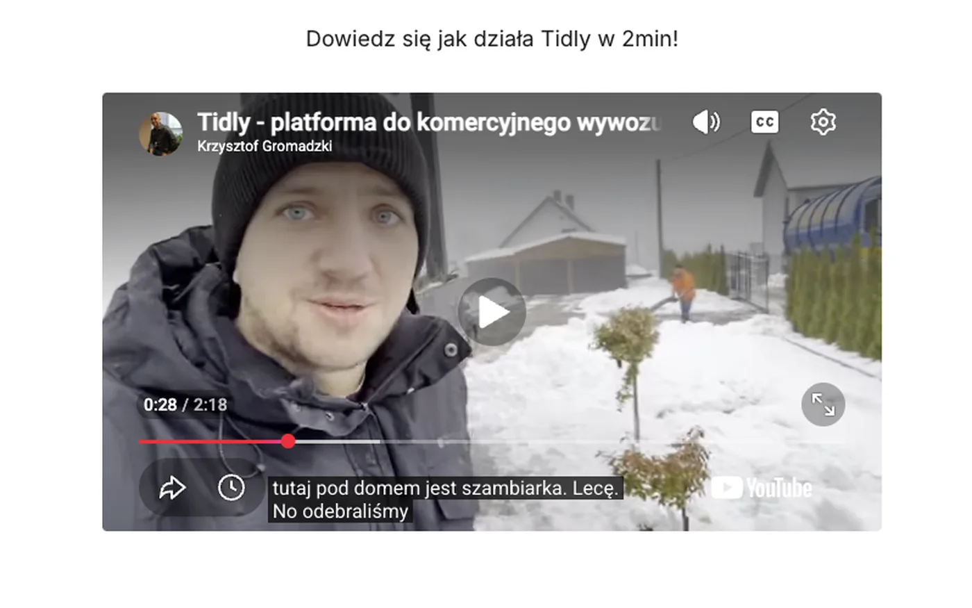 The section with the embedded video on the Tidly website: a two-minute film shot at a septic tank