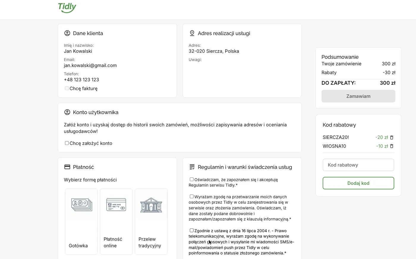 Order checkout in Tidly: an optional user account, payment method selection and the required consents