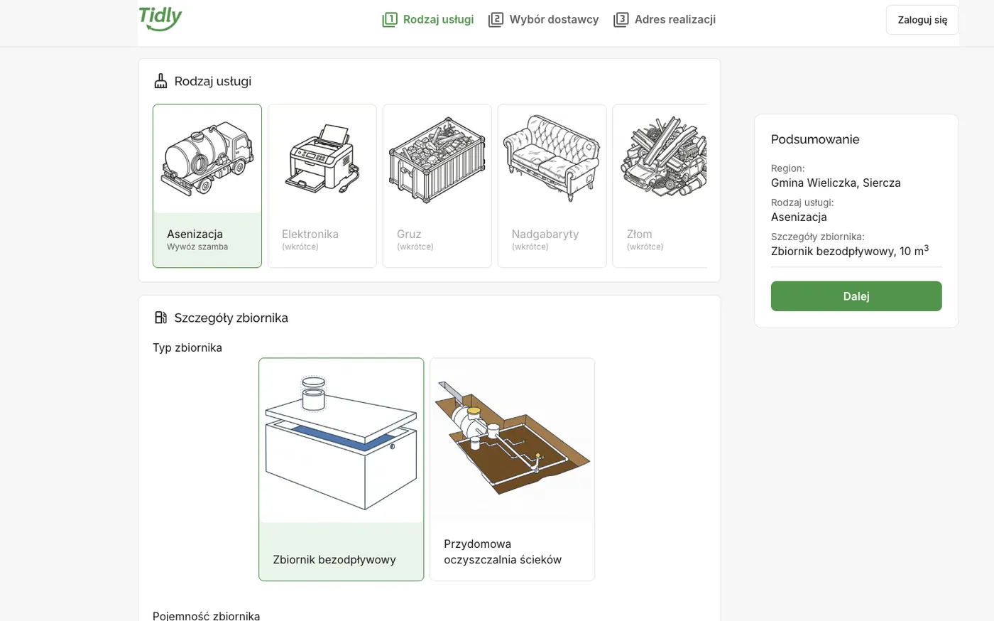 Tank type selection in Tidly: a septic tank or a domestic sewage treatment plant, with the summary on the right