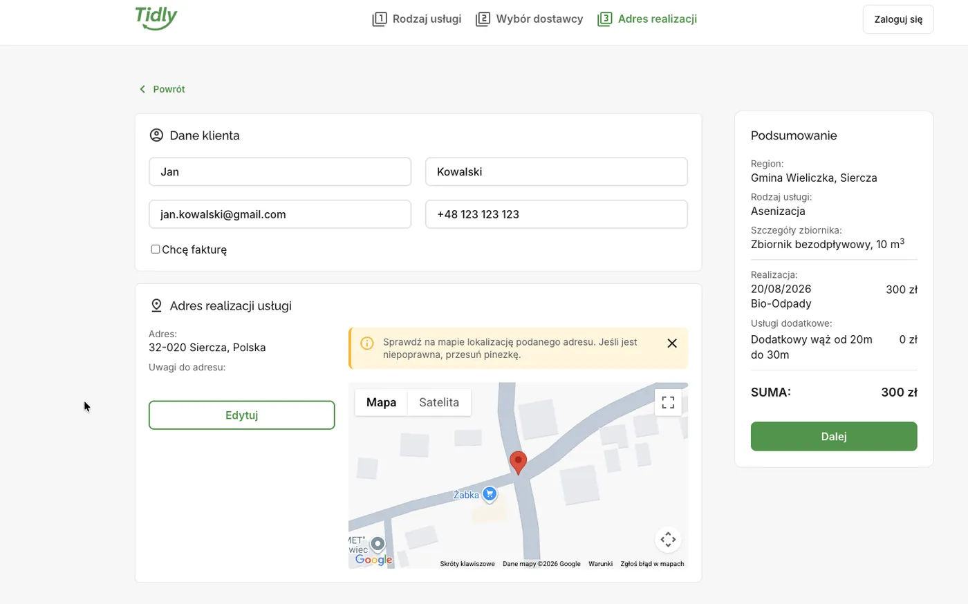 The third step of the Tidly wizard: customer details, the service address with a map and the order summary with an extra service