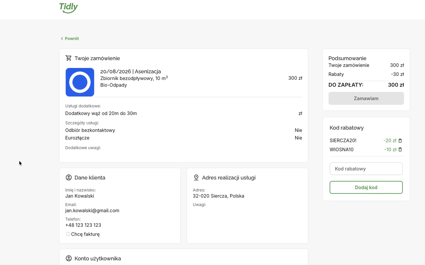 The order summary in Tidly: order items, service details and a discount code panel with two active codes