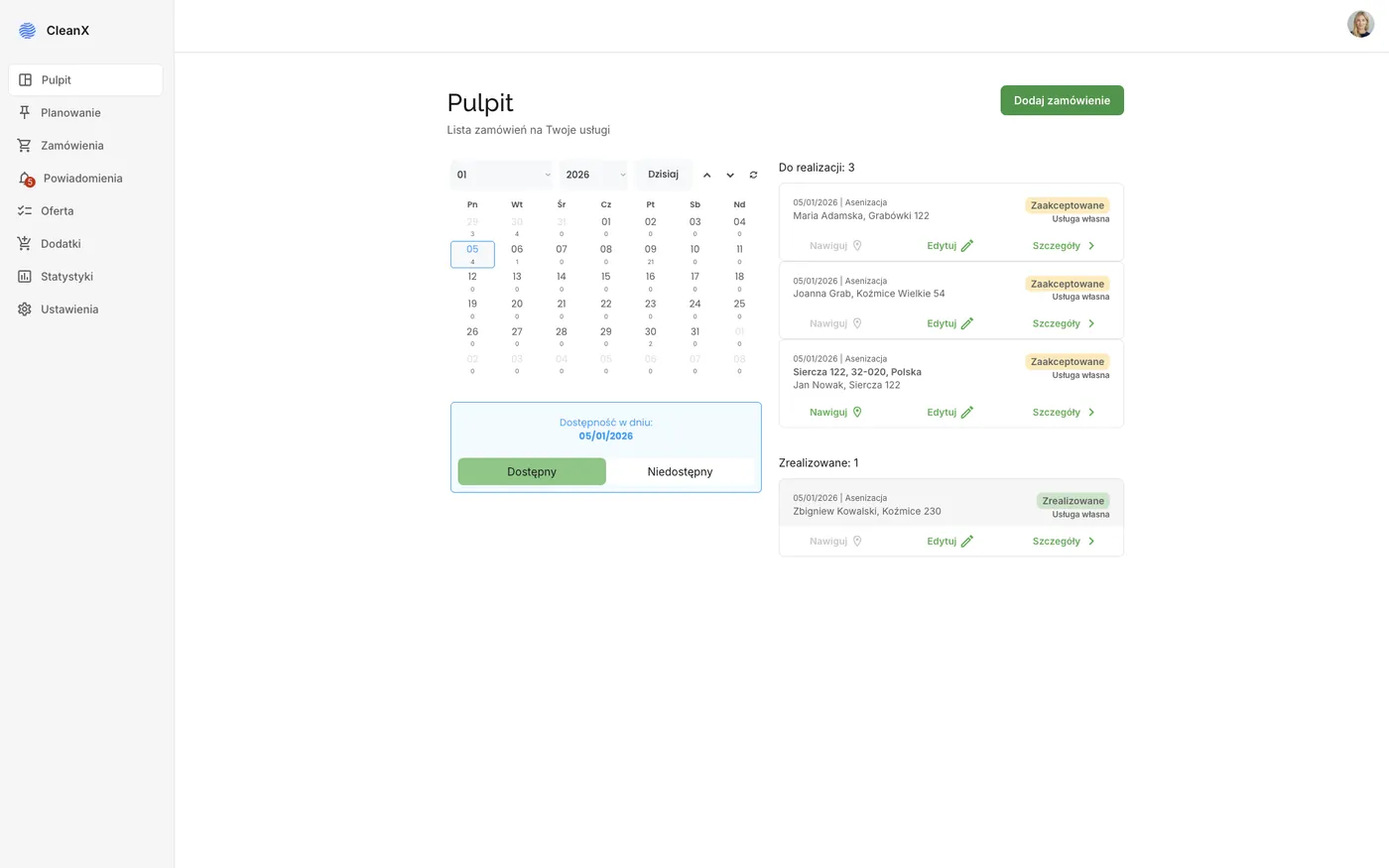The Tidly panel dashboard: jobs for the selected day, a monthly calendar with counters and an availability switch