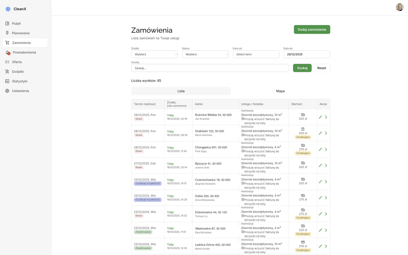 The order list in the Tidly panel with filters for source, status and date range, and columns for address, service and value