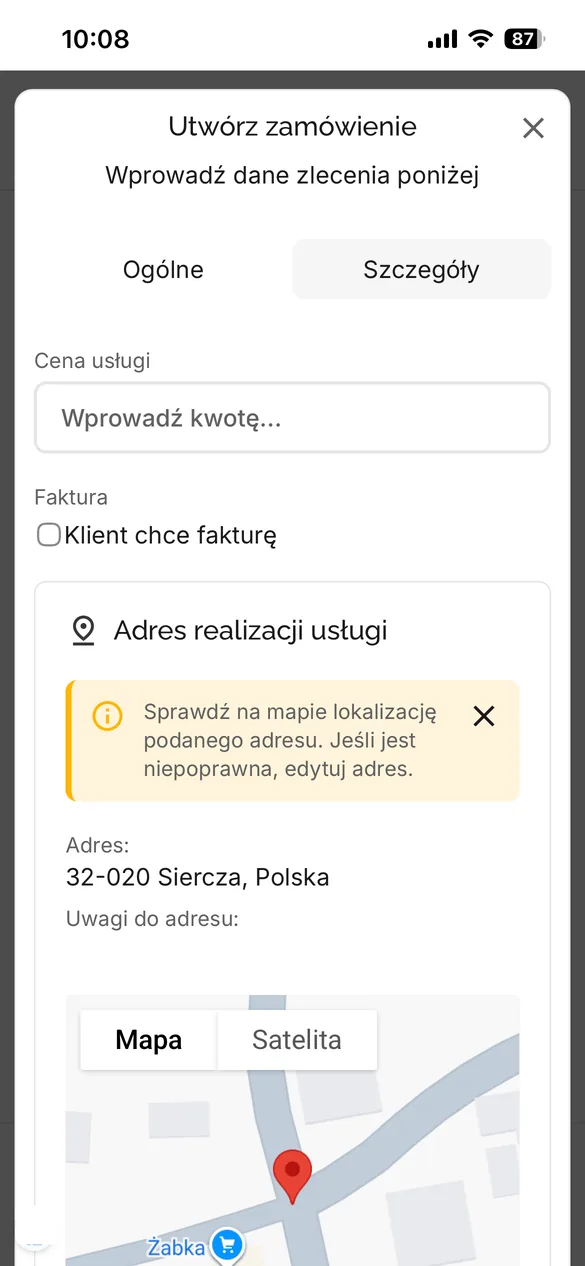 Tworzenie zlecenia w aplikacji kierowcy Tidly, krok drugi: cena usługi, faktura oraz adres z weryfikacją na mapie
