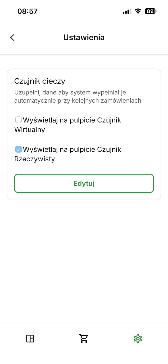 Ustawienia czujnika cieczy w aplikacji Tidly: wybór między czujnikiem rzeczywistym a wirtualnym