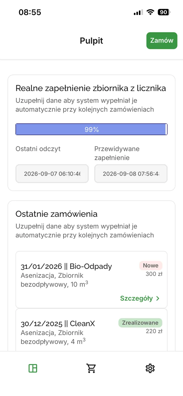Pulpit klienta Tidly na telefonie: pasek zapełnienia zbiornika, data ostatniego odczytu oraz trzy ostatnie zamówienia