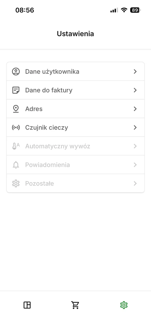 Ustawienia konta klienta Tidly: aktywne dane użytkownika, dane do faktury, adres i czujnik cieczy oraz wyszarzone automatyczny wywóz, powiadomienia i pozostałe