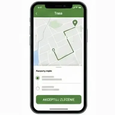 Telefon kierowcy z trasą dojazdu na mapie oraz przyciskiem akceptacji zlecenia
