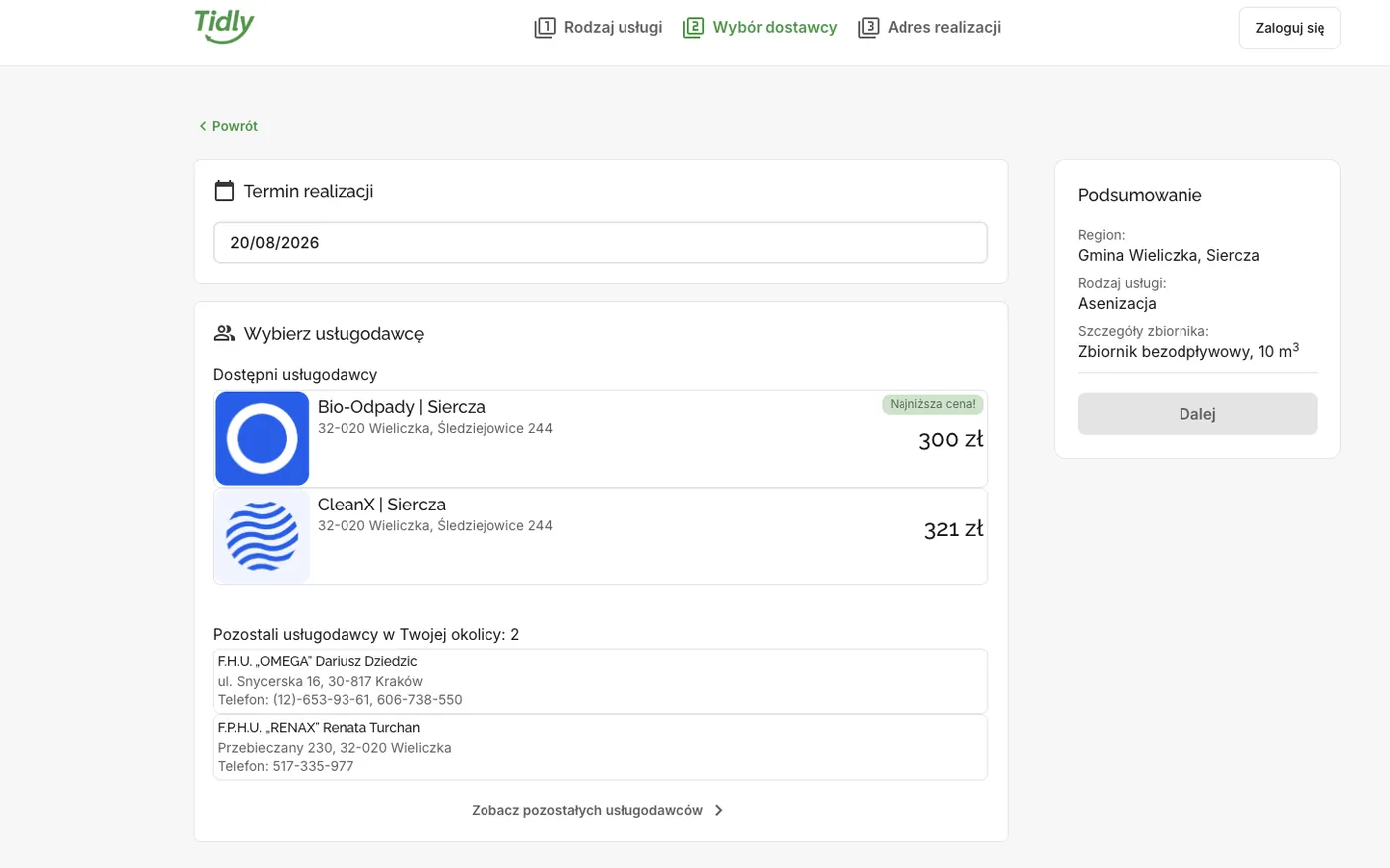 Tidly Marketplace: porównywarka usługodawców z cenami za wywóz oraz oznaczeniem najniższej ceny, obok podsumowanie zamówienia