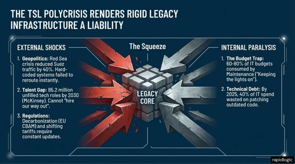The TSL polycrisis makes rigid legacy infrastructure a liability.